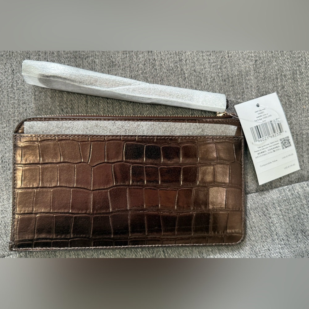 NWT Kate Spade Lucy Croc Embossed Medium L-Zip Wristlet, Hot Fudge - Picture 6 of 8
